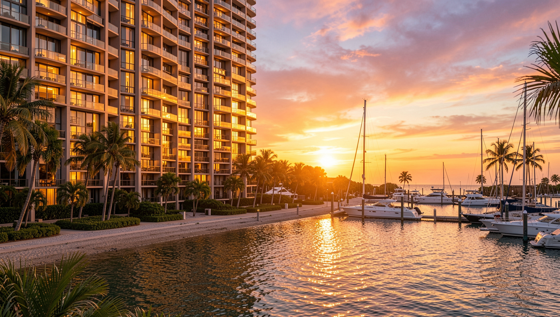 Luxury waterfront condo tower in Florida overlooking the water