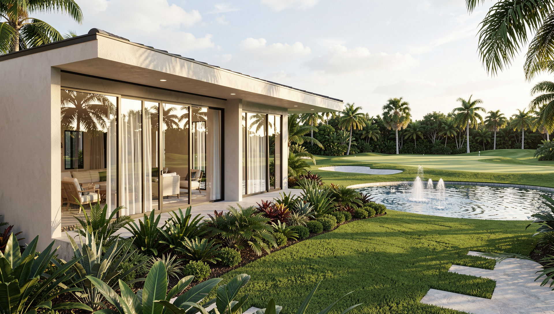 Luxury home in a Florida golf course community at sunset