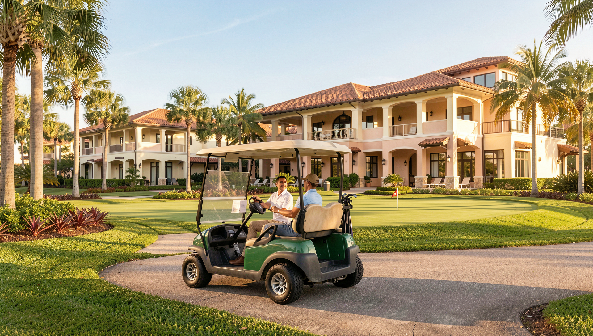 Luxury home in a Florida golf course community at sunset