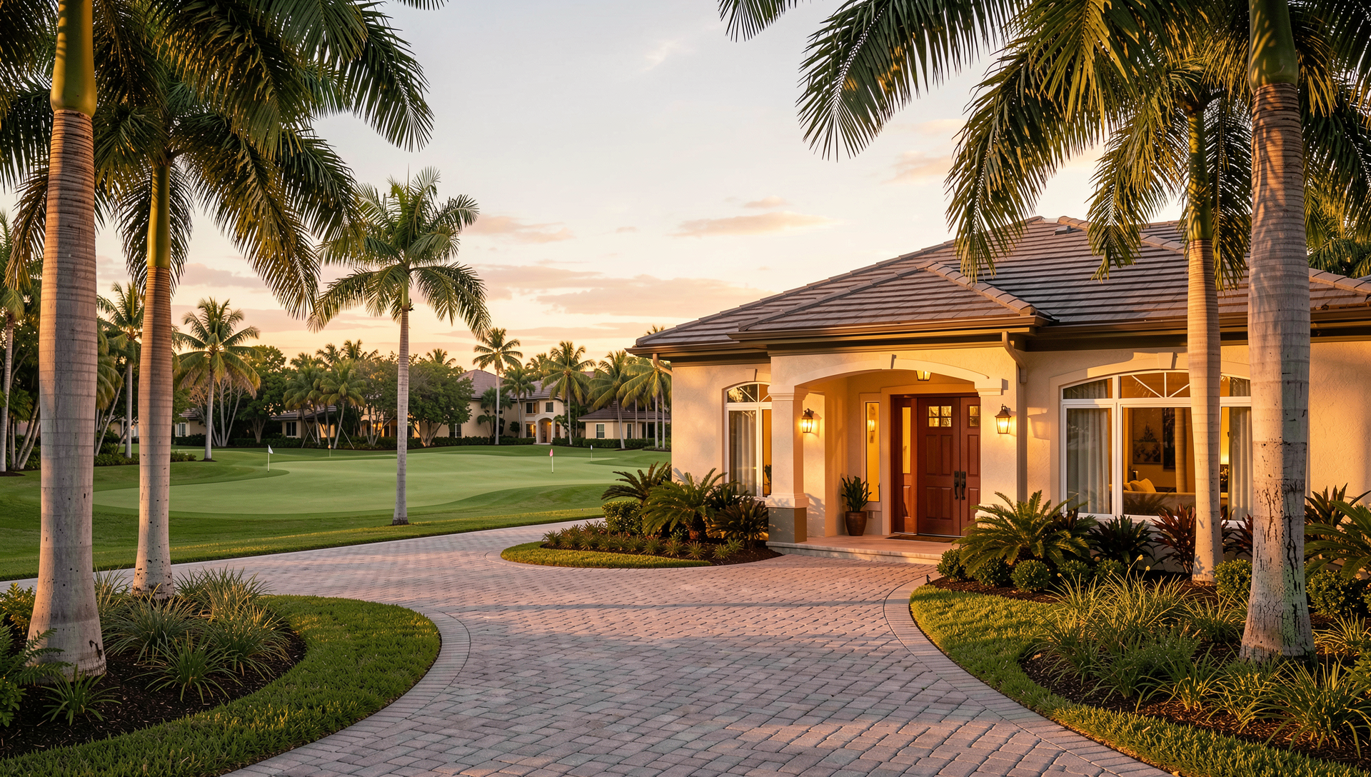 Luxury home in a Florida golf course community at sunset