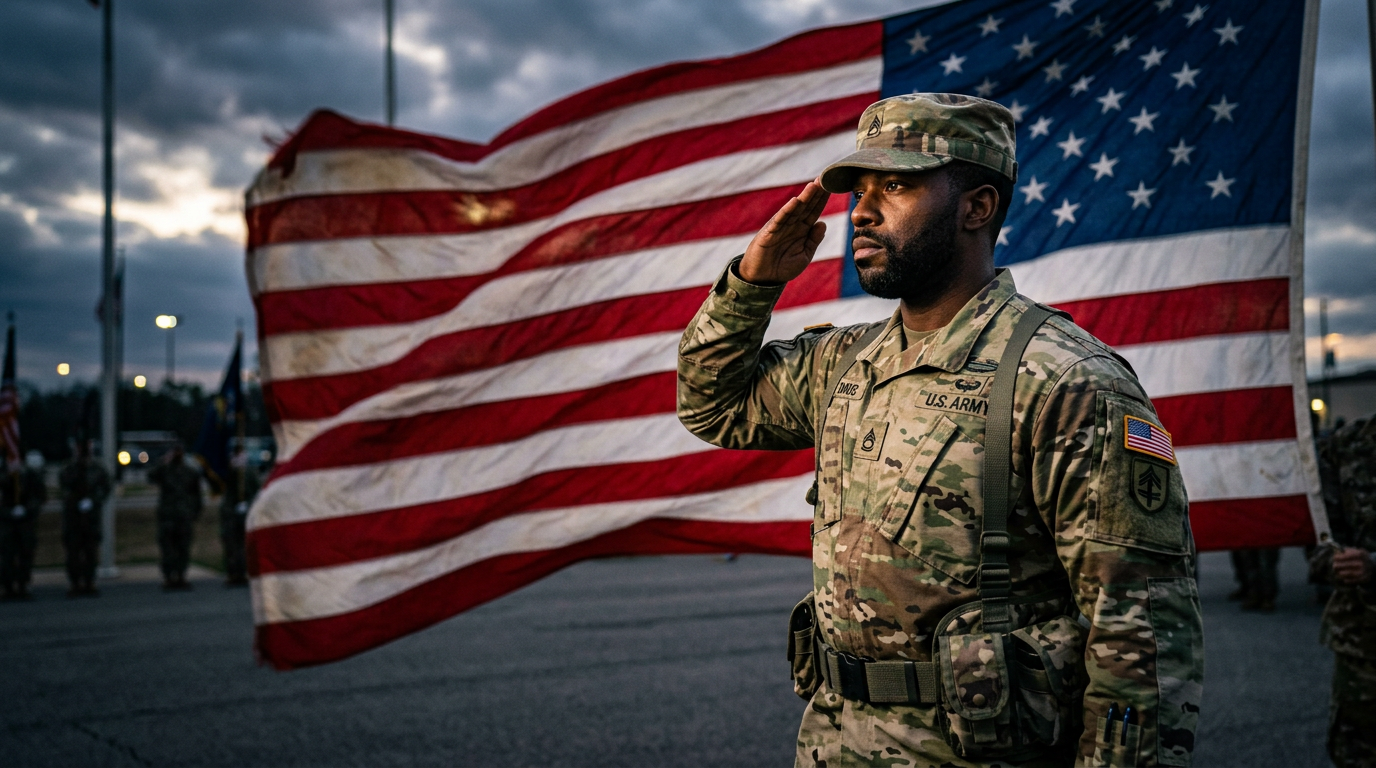 American veteran standing proud with flag representing the service and sacrifice of US military members